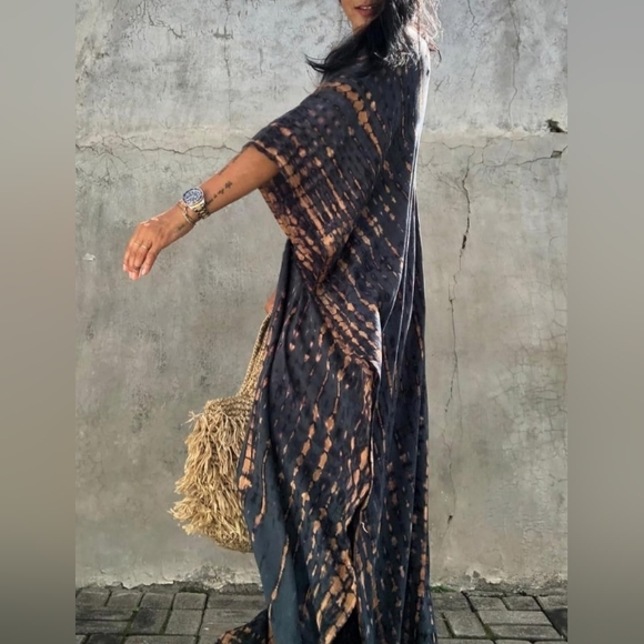Gray Blue Tie Dye Hippie Kaftan Long Flowy Maxi Dress Loose Boho V Neck Caftan - Picture 6 of 9